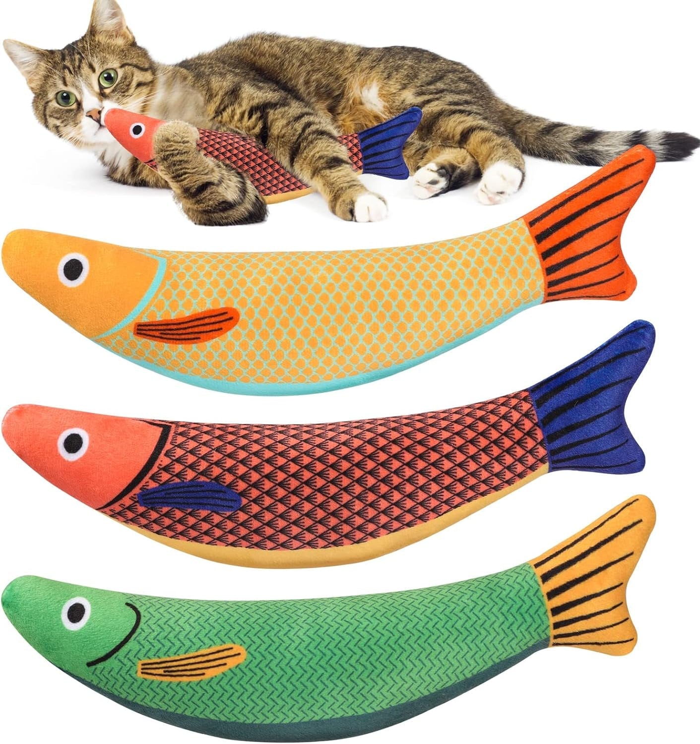 3 PCS Cat Toys Kitten Toys Assortments, Cat Toys Fish with Catnip, Cat Nip Toys, Cat Chew Plush Toys, Interactive Kitten Cat Toys Indoor Cats. Plush Cartoon Kitten Teething Interactive Toy 9.5"