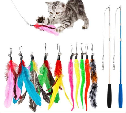 12 PC Interactive Wand CAT Toy. 2 Adjustable and Retractable Fishing Wands and 10 Assorted Colorful Teaser Feathers with Bells to Keep Your Indoor CAT Entertained and Engaged