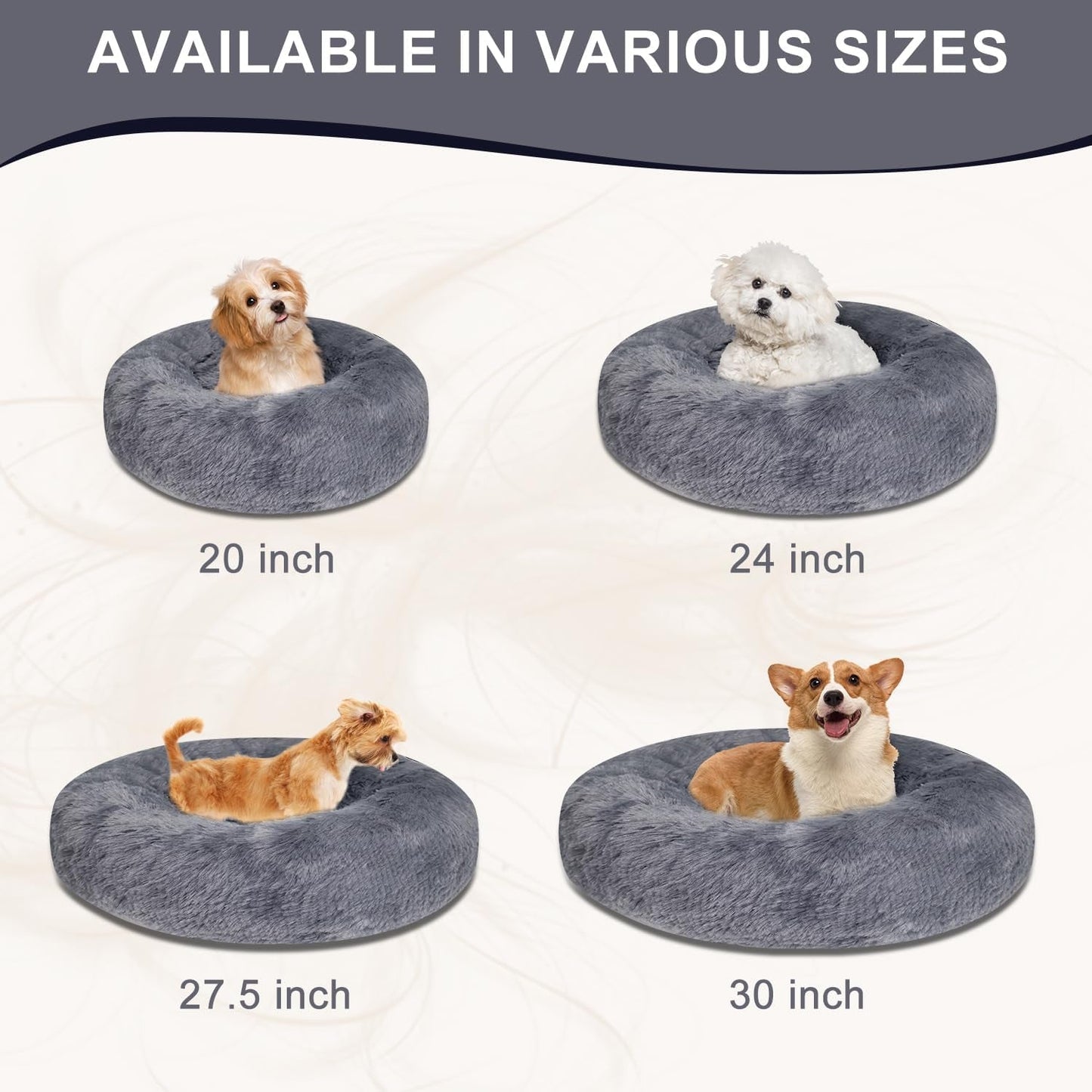 Calming Dog Bed & Cat Bed, Anti-Anxiety Donut Dog Cuddler Bed, Cozy Soft Warm Cat Dog round Bed, Fluffy Faux Fur Plush Cushion Pet Bed for Small Medium Dogs Cats (24", Navy Grey)