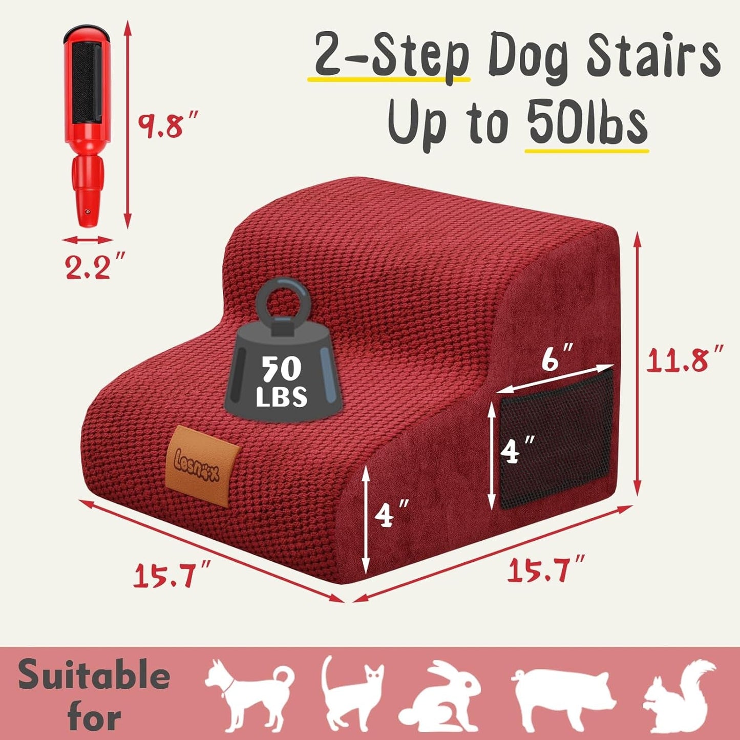 Dog Stairs, 2-Step Foam Dog Steps for Couch, Non-Slip Pet Steps with Waterproof Cover, Pet Stairs for Small Dogs with Old/Injured, Dog Ramp with Pocket, Send a Pet Hair Remover, 11.8" H