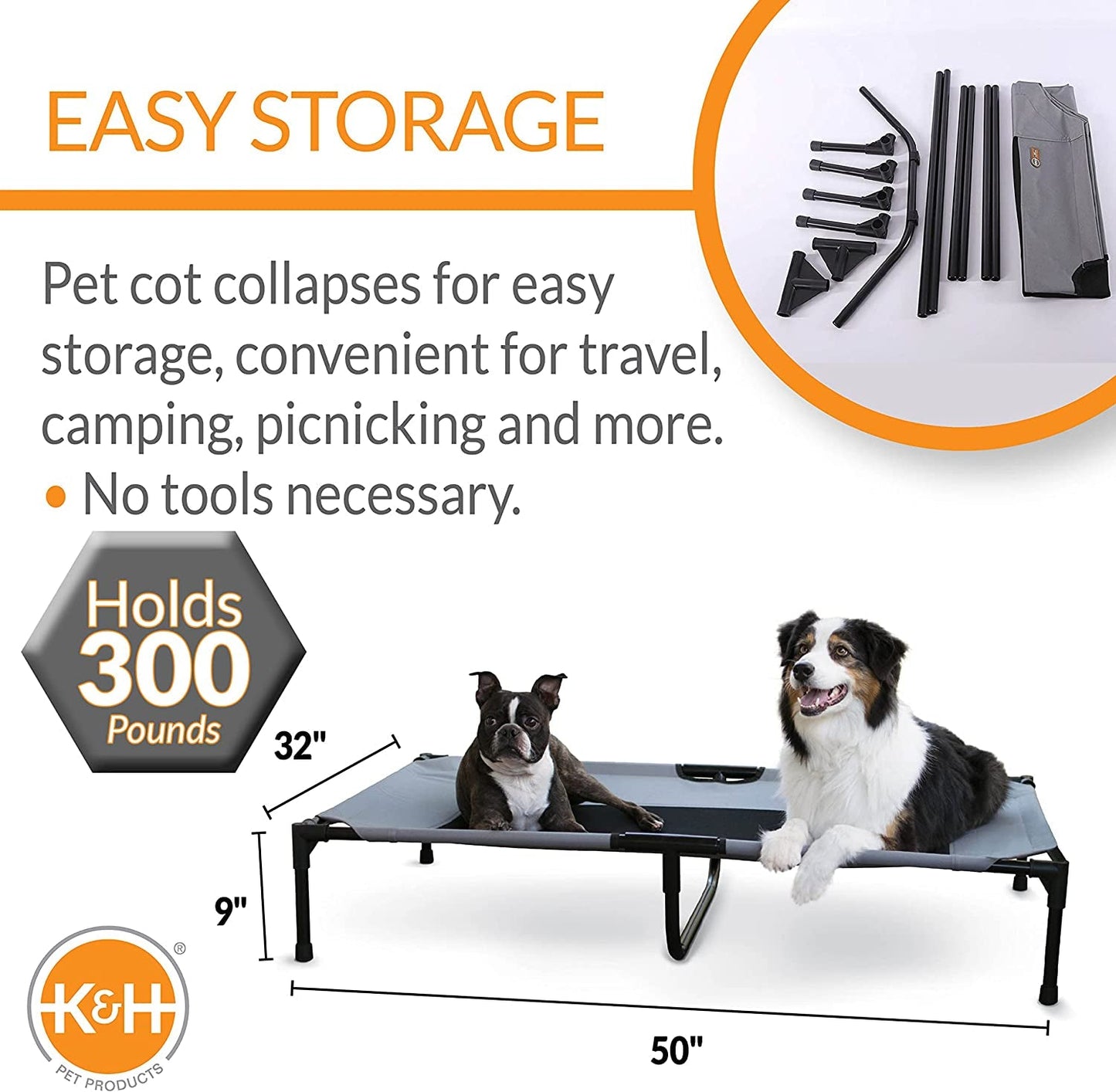 K&H Pet Products Dog Cots Beds for Large Dog- Elevated Outdoor Dog Cot Bed- Raised Dog Hammock Cooling Bed- Washable, Portable Dog Cot- Heavy Duty Durable Metal Frame, X-Large, Gray/Black Mesh