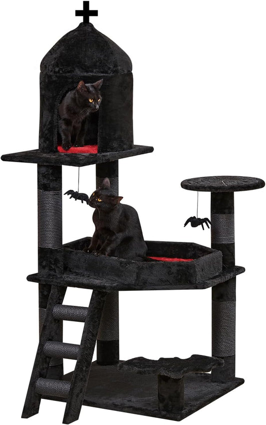 Gothic Cat Tree with Coffin Bed，55" Cat Tower with Spacious Cat Condo，Scratching Posts，Spider Hanging Ball，Multi-Level Cat Activities Furniture for Large Cats, Black Halloween