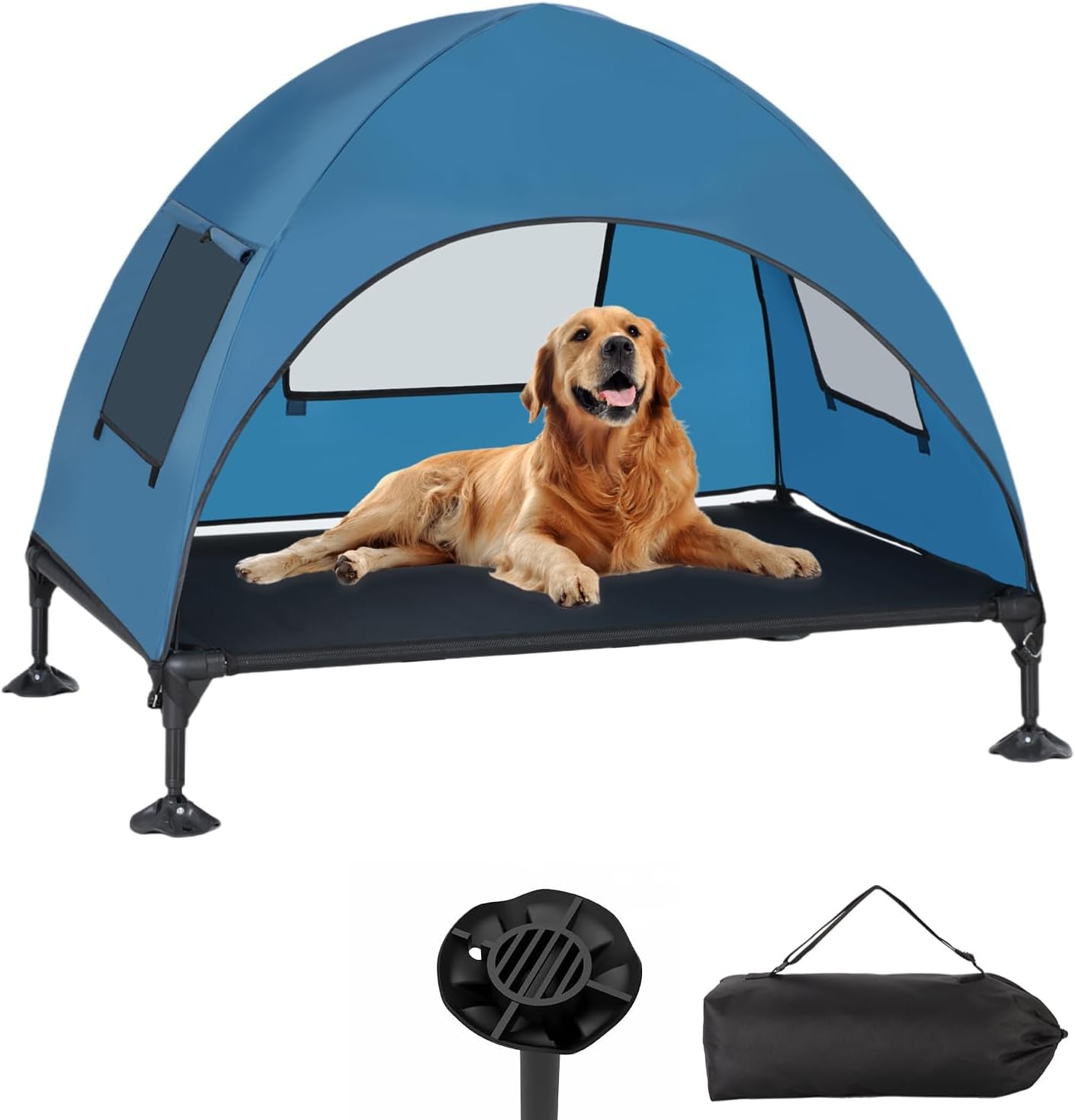 Elevated Outdoor Dog Bed with Canopy, Cooling Raised Dog Cot Bed with Removable Shade, Portable Pet Bed Cot with 360° Adjustable & Non-Slip Feet, Dog Tent Bed for Large Dogs Camping, Indoor & Outdoor