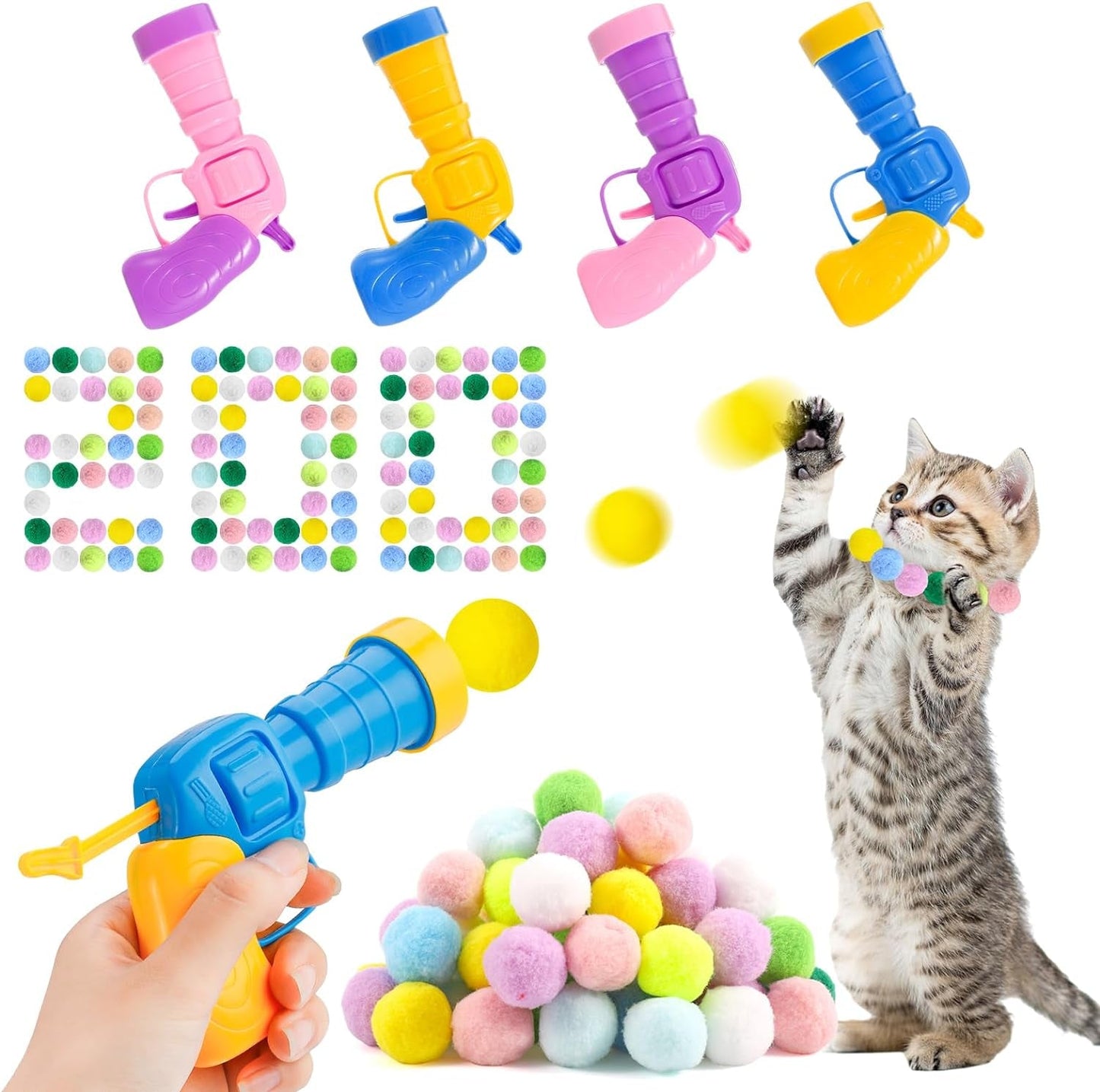 204 Pcs Cat Toy Balls Cat Ball Launcher Toy, Cat Toy Balls with 4 Pcs Launcher and 200 Pcs Pom Poms Balls, Cat Toys Interactive with Colorful Cat Balls for Indoor Cat