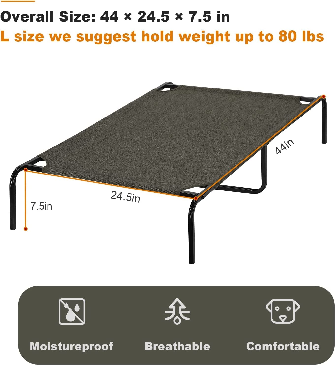 Elevated Dog Bed, Cooling Outdoor Raised Dog Pet Cot for Small Dogs Portable Waterproof Puppy Cots Beds with Washable Mesh for Indoor, Outdoor, 44In, Dark Brown