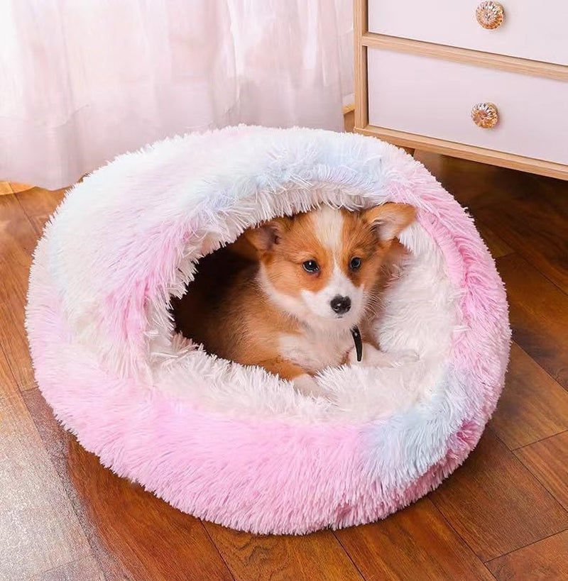 Fluffy Hooded round Cat Bed Cave with Hooded Blanket for Indoor Cats, Dog Beds for Small Dogs, Anti-Anxiety, Cozy Cuddler Luxury Puppy Bed, Anti-Slip Bottom and Machine Washable