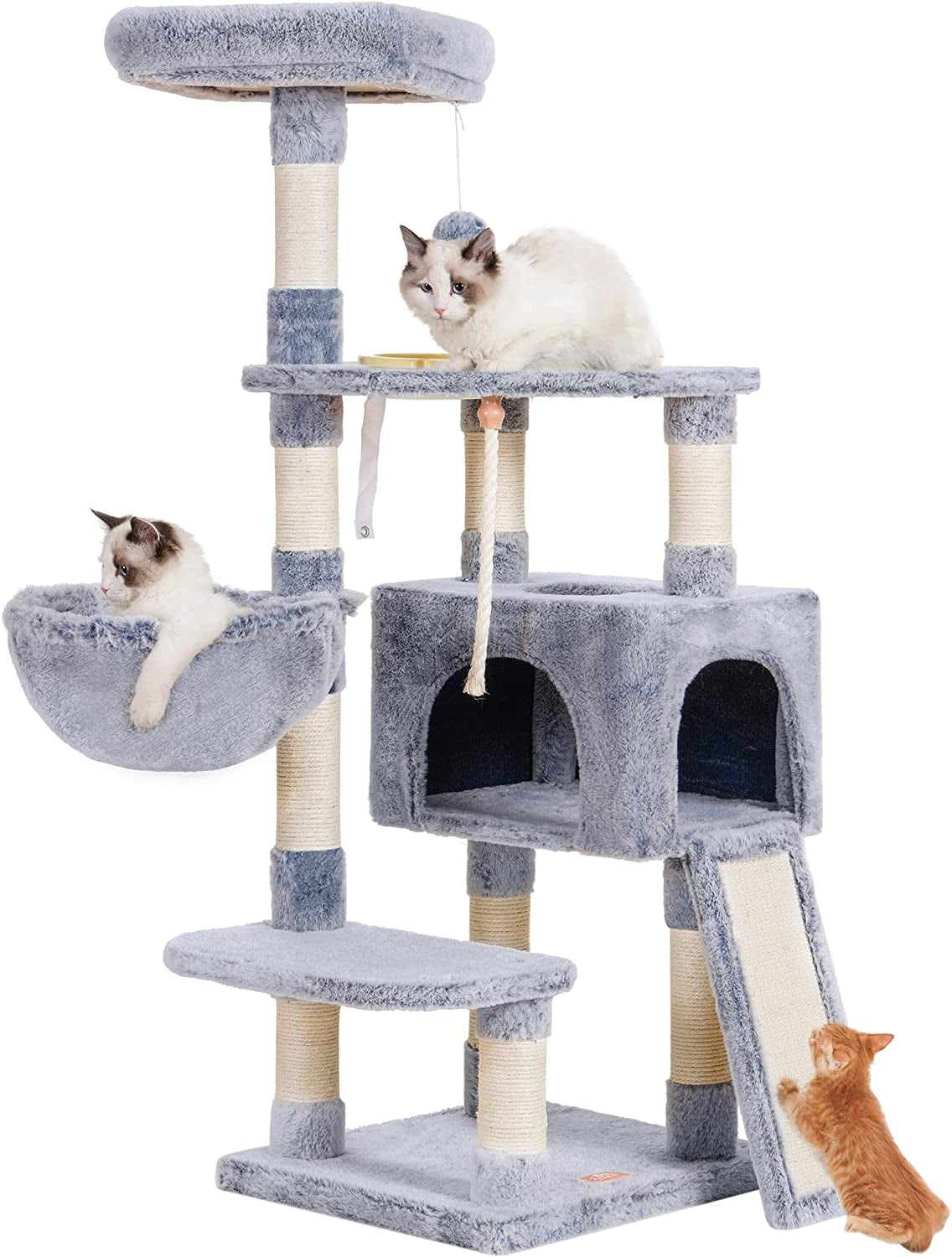 Heybly Cat Tree with Cat Self Groomer Brush, Cat Tower Condo for Indoor Cats with Padded Plush Perch,Feeding Bowl,Cat House with Basket Scratching Board Post, Light Gray HCT005SW