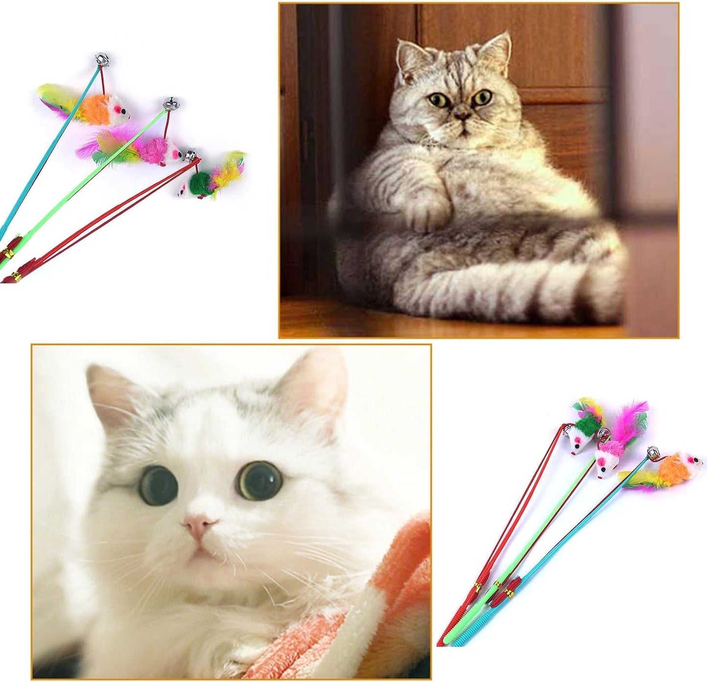 3 Pcs Interactive Toy with Colorful Fake Mouse Feather Wand Teaser Toy Exercise Supplies Interactive Toy for Indoor Adult Cats Kitten Exercise Replacement