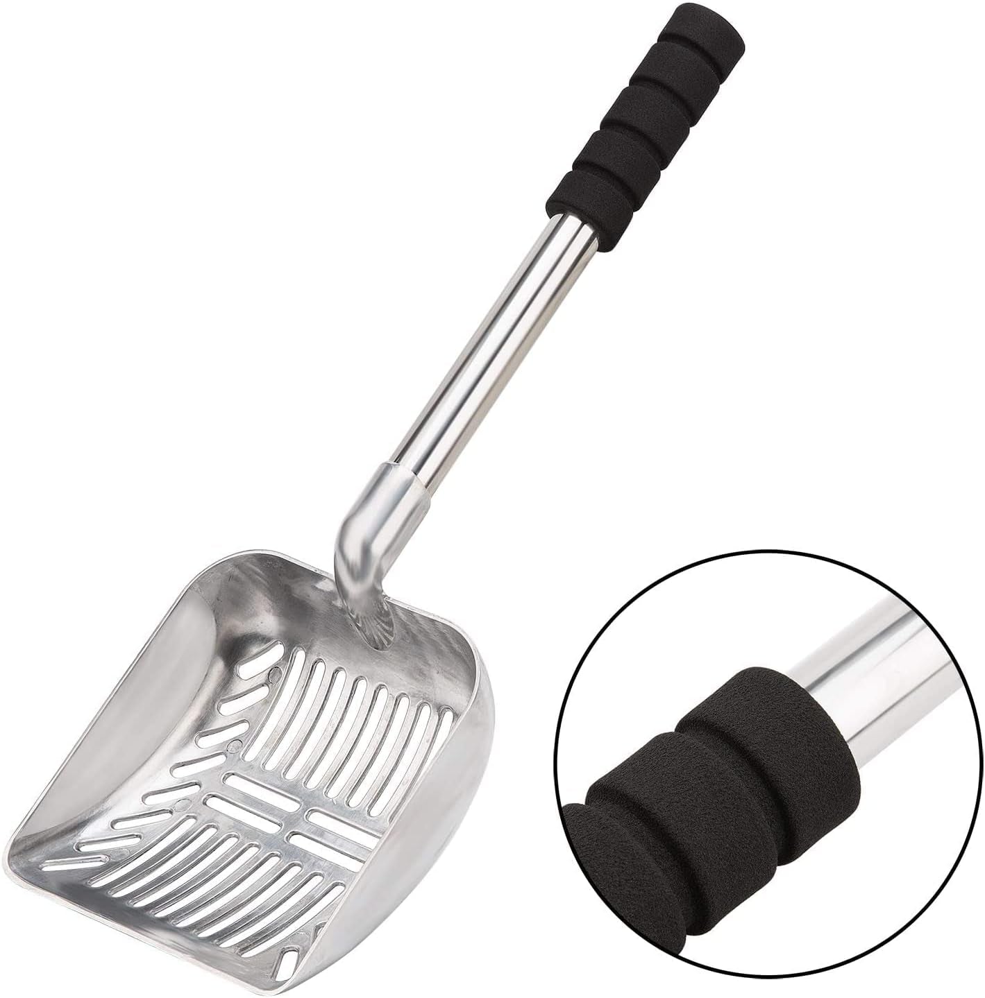 Yangbaga Metal Cat Litter Scoop with Deep Shovel&Long Handle,Detachable Stainless Steel Non-Stick Litter Sifter with Foam Padded Grip, No Bending Back Heavy Duty Cat Litter Scooper (Silver Shovel)