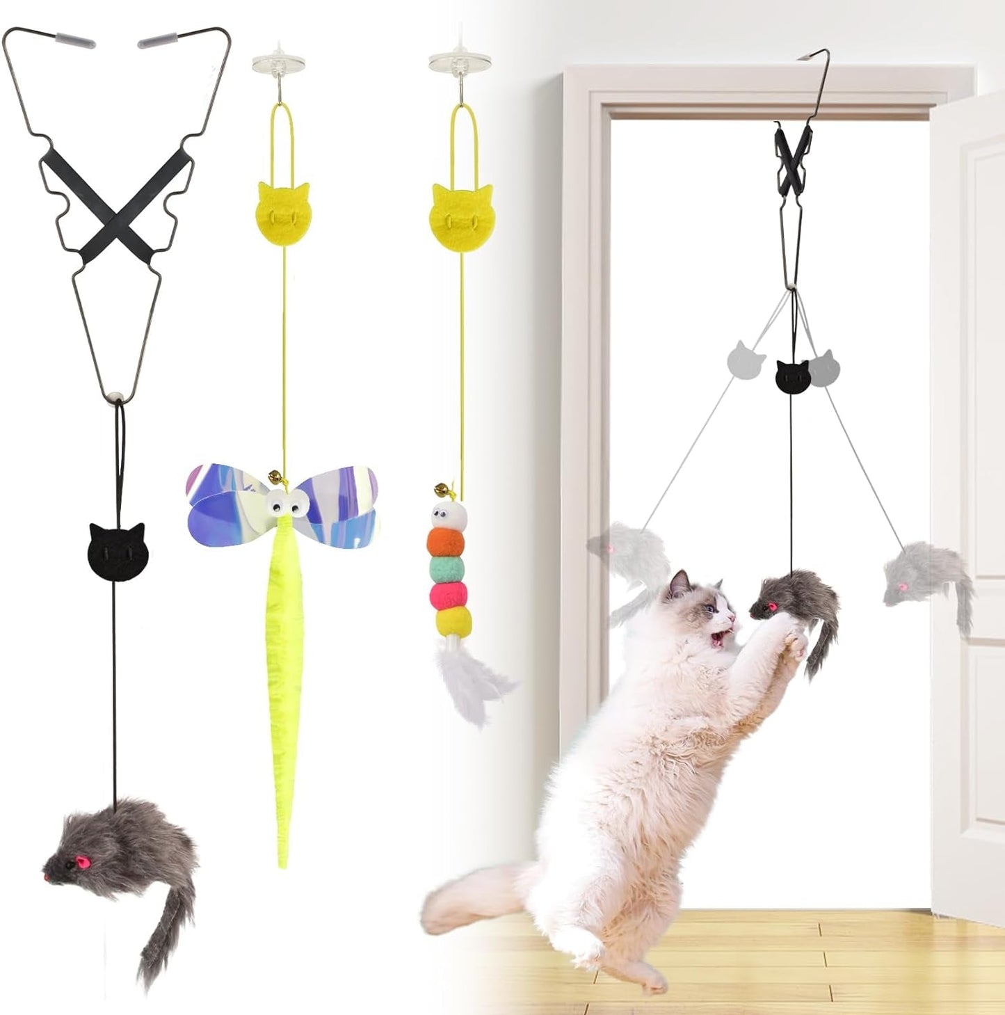 1 Pack Interactive Cat Feather Toys Doorway Cat Toys for Indoor Cat Interactive Door Hanging Cat Toys Retractable Teaser Toy over the Door Cat Toys Mouse Hanging String Toys for Cats (Single)