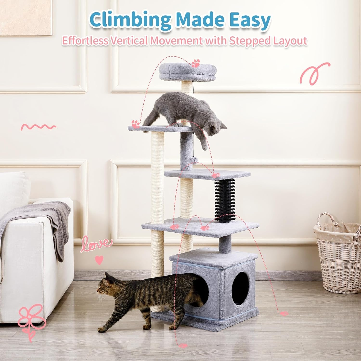 Made4Pets Cat Tree, 52.4" Tall Cat Tower for Indoor Cats, Multi-Level Large Cat Condo with Scratching Posts and Pompoms, Plush Kitten Climbing Tower with Cat Grooming Brush and Perch, Grey