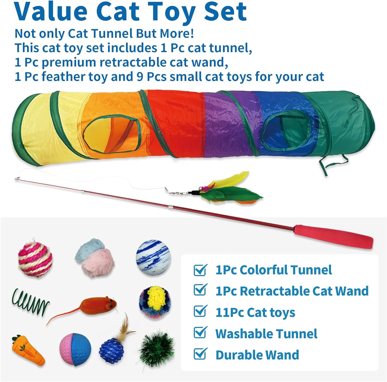 13Pcs Cat Tunnel with Feather Toy Set, 1Pc Premium Cat Wand Feather, 1Pc Cat Tunnel and 11 Pcs Cat Toys for Indoor Cat