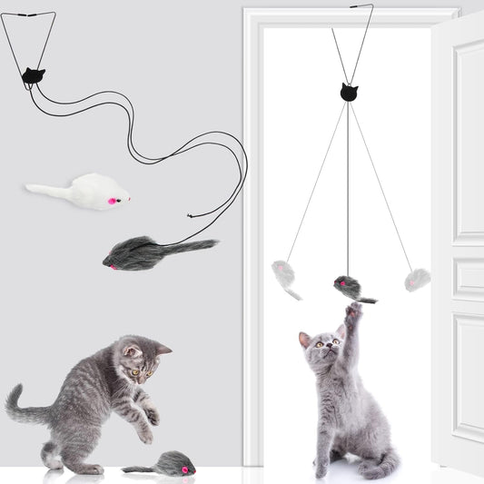 4 Pieces Hanging Door Cat Toy Interactive Bouncing Mouse Cat Toy Stress Relieve Hanging Cat Toys for Cat with Elastic Band Mouse Shape Cat Feather Toys for Indoor Outdoor Cat Play