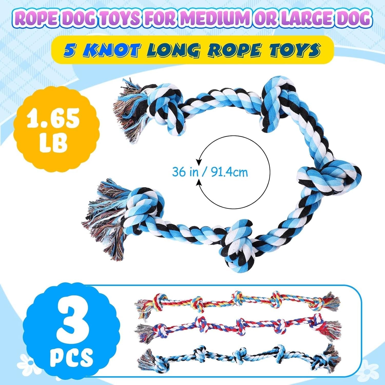 3 Pcs Dog Rope Toys for Aggressive Chewers 3 Feet 5 Knots Dog Toys for Large and Medium Dog Tough Twisted Dog Chew Rope Toy for Tug of War Dog Toy Teeth Cleaning