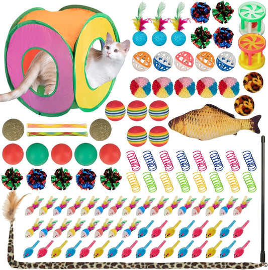 100 Pcs Cat Toys Set Interactive Cat Kitten Toys Include 40 Cat Mouse Toys 37 Assorted Cat Toy Balls 16 Spring Toys 2 Spring Hose Cat Teaser Wand Fish Toy Play Tunnel 2 Edible Catnip Ball