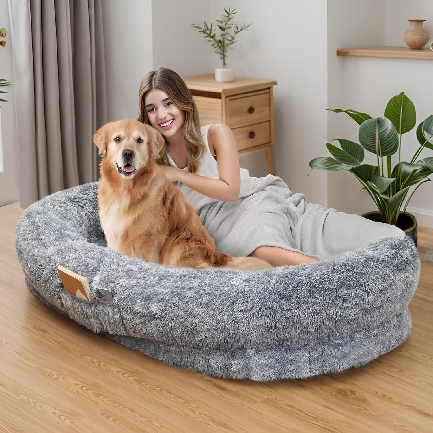 Large Dog Bed, 63" Luxury Human Dog Bed for People Adults with Washable Faux Fur Removable Cover and Waterproof Lining, 3D Memory Foam Dog Bed with Side Pocket and Strap, Gray