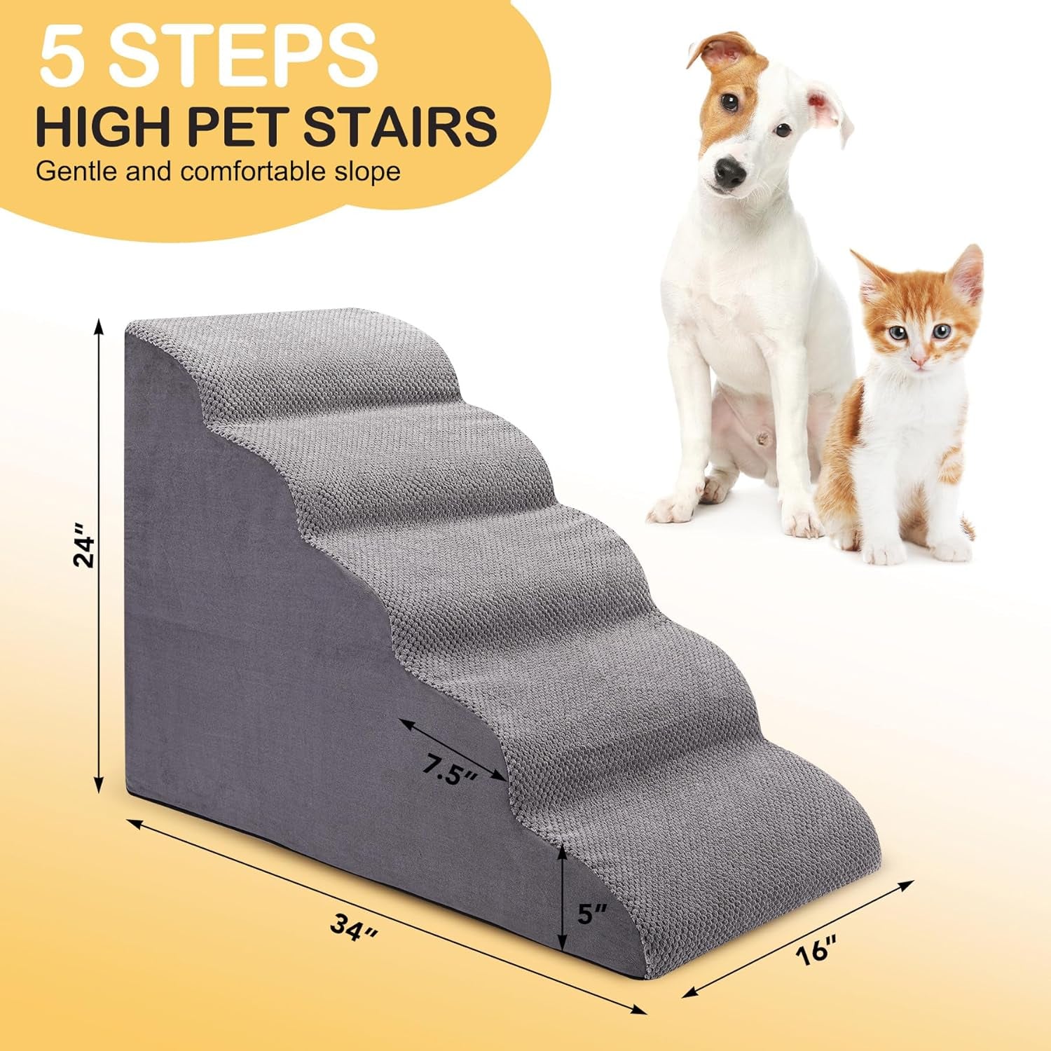 Dog Stairs for Bed, 5-Step Dog Steps for Couch and High Bed, Non-Slip Pet Stairs, 24" High Sofa Foam Dog Ramp - Best for Small Pets, Older Dogs, Cats with Joint Pain