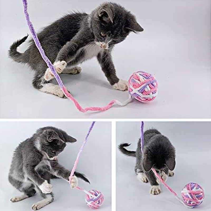 2PCS Colorful Cat Play Ball Long Tails Interactive Built-In Rings Animal Funny Fuzzy Kitten Wool Ball Rope Chewing Training Toys