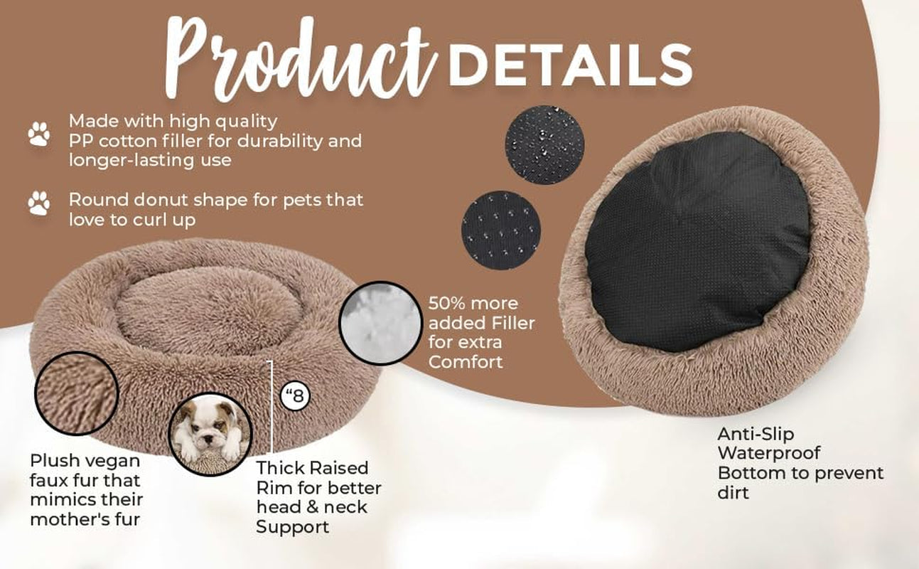 Calming Dog & Cat Bed, Anti-Anxiety Donut Dog Cuddler Bed, Warming Cozy Soft round Pet Bed, Fluffy Faux Fur Plush Cushion Bed for Dogs and Cats (Medium 24X24X8, Khaki Brown)