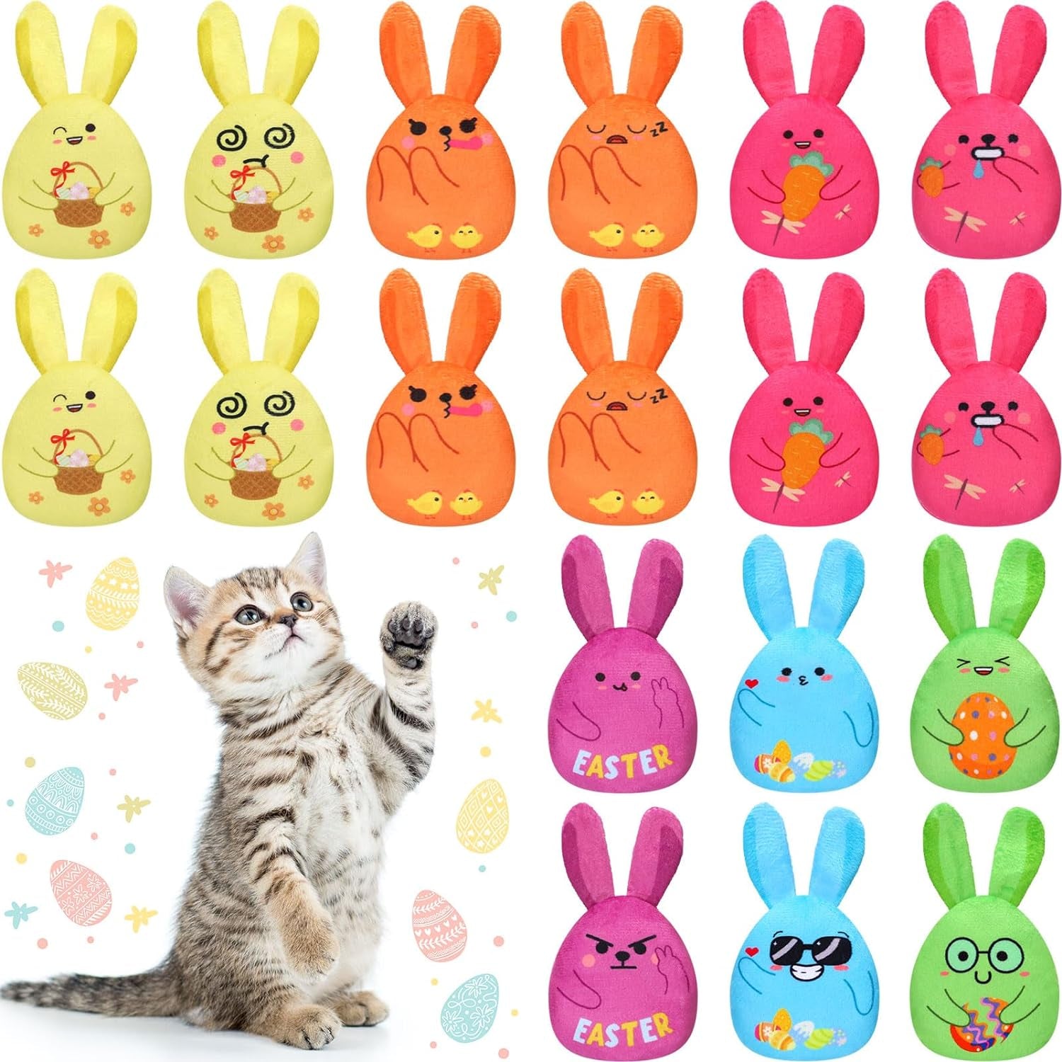 24 Pack Easter Cat Catnip Toys Chew Plush Bunny Toys Bulk Rabbit Cat Interactive Toys Boredom Relief Cat Toys Soft Teething Supplies Cat Chew Toys for Teething Chewing, Easter Pet Gift Set