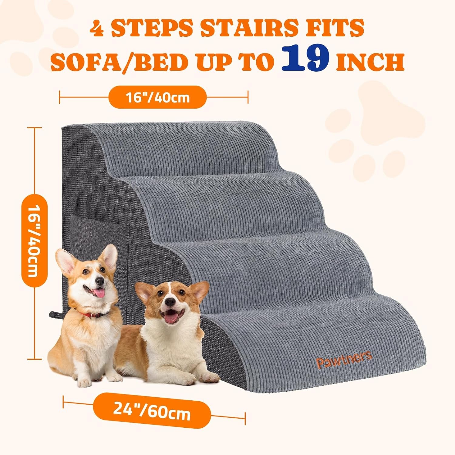 Dog Stairs for Small Dogs: Pawtners 4 Steps Dog Ramp for High Bed, Foam Pet Stairs for Large Cat and Medium Dogs, Dog Steps for Dogs to Get on Bed for Couch Sofa Bed Grey