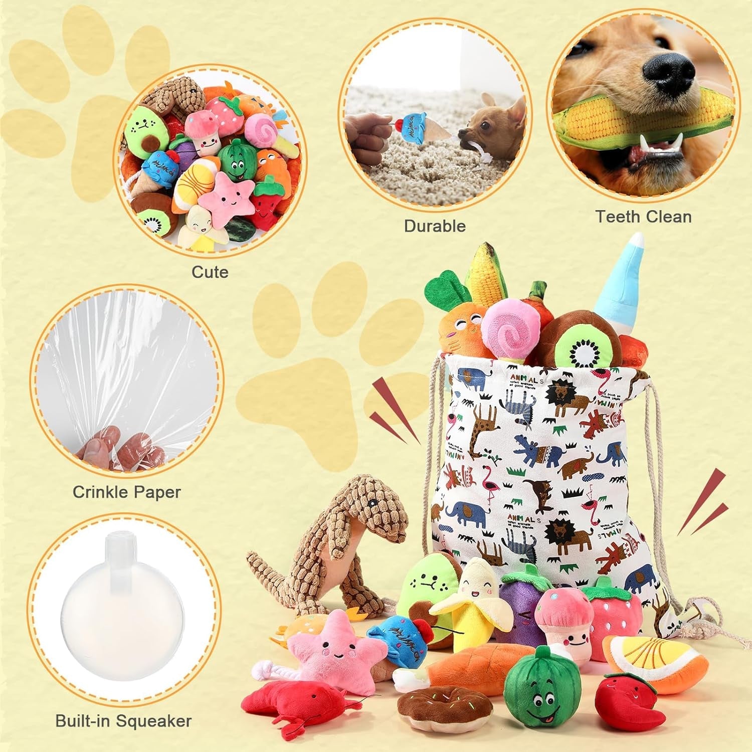 25 Pcs Plush Squeaky Dog Toys Set, Puppy Toys with Carry Bag Cute Characters for Small Dogs, Interactive Dog Squeak Toys for Fun Dog Teeth Cleaning