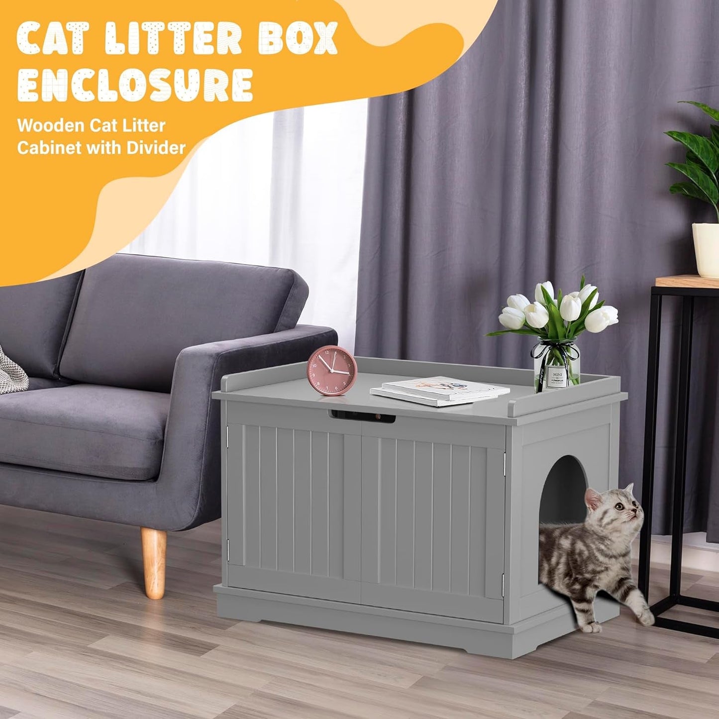 ZENY Cat Litter Box Enclosure, Cat Litter Box Furniture Hidden, Wooden Cat Litter Cabinet with Divider, Modern Cat Washroom Storage Bench，Fit Most of Litter Box, Gray