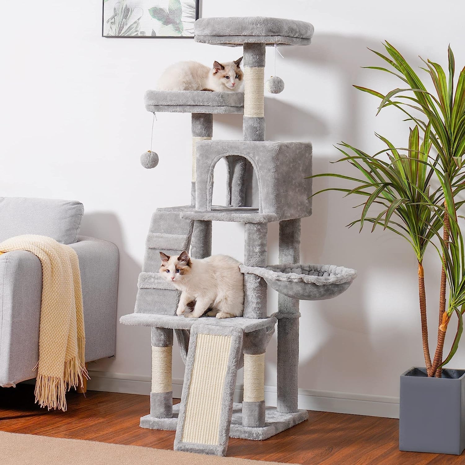 Heybly Cat Tree, Cat Tower for Indoor Cats,Multi-Level Cat Furniture Condo for Cats with Padded Plush Perch, Cozy Basket and Scratching Board Light Gray HCT014W