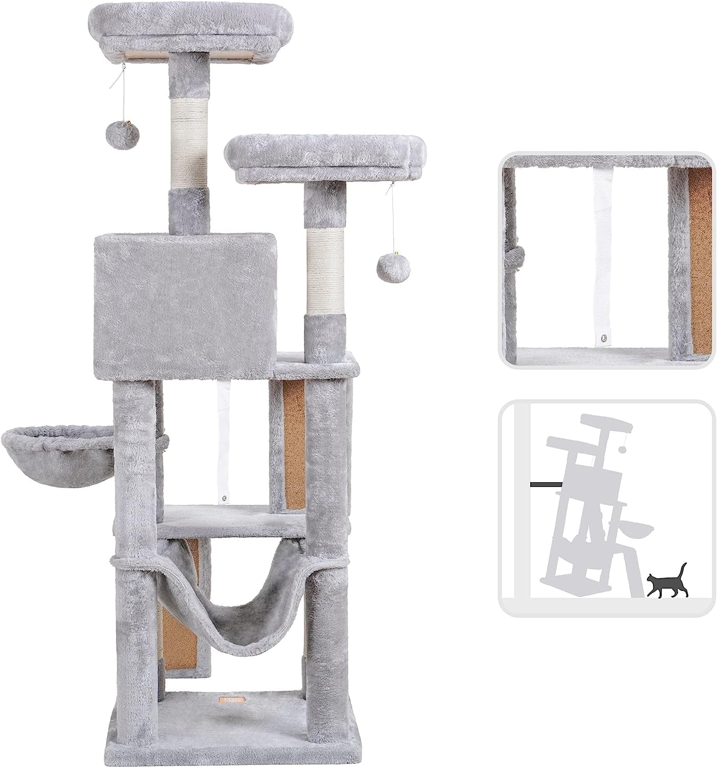 Heybly Cat Tree, Cat Tower for Indoor Cats,Multi-Level Cat Furniture Condo for Cats with Padded Plush Perch, Cozy Basket and Scratching Board Light Gray HCT014W