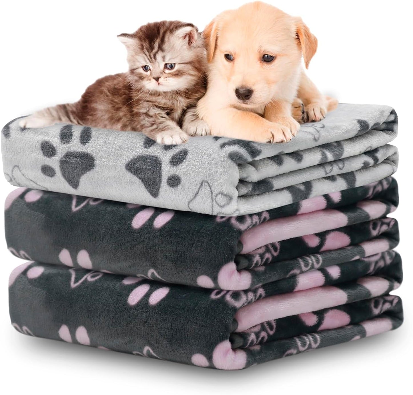 Dog Blanket, Grey Pink Flannel Fleece Blanket for Small Medium Dogs, Pet Puppy Blankets Gift for Kitten Cat, Cute Paw Print Blanket for Bed Cover, Couch, Crate, 41X31 Inch