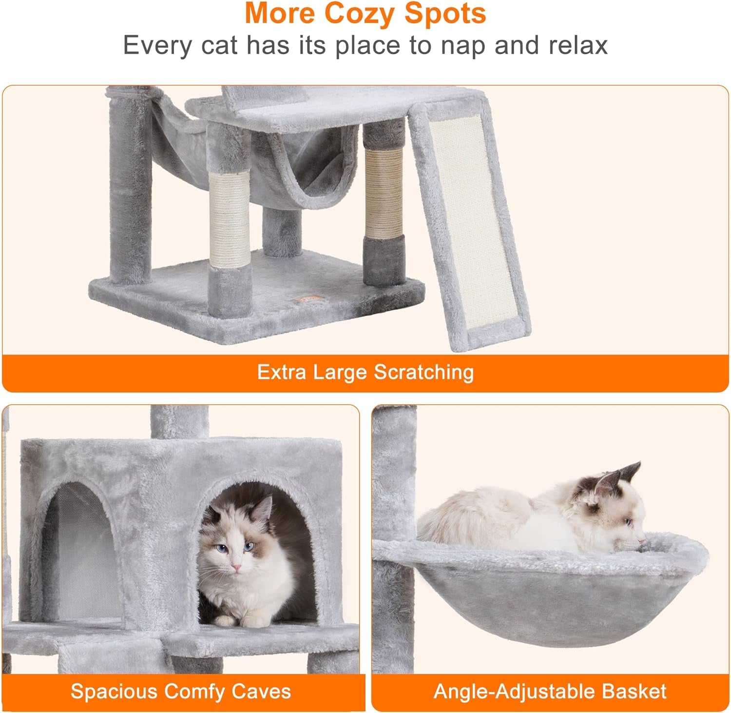 Heybly Cat Tree, Cat Tower for Indoor Cats,Multi-Level Cat Furniture Condo for Cats with Padded Plush Perch, Cozy Basket and Scratching Board Light Gray HCT014W