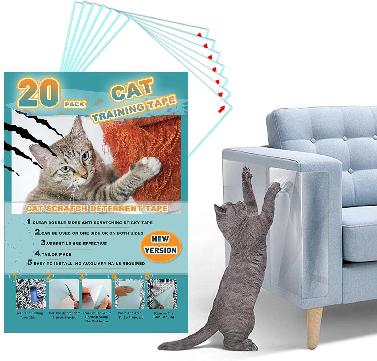 20Pack Cat Scratch Deterrent Tape, Cat Scratch Furniture Protector, Clear Double Sided anti Scratching Sticky Tape Couch Protector for Cats, Cat Training Tape, Cat Repellent for Furniture, Cat Tape