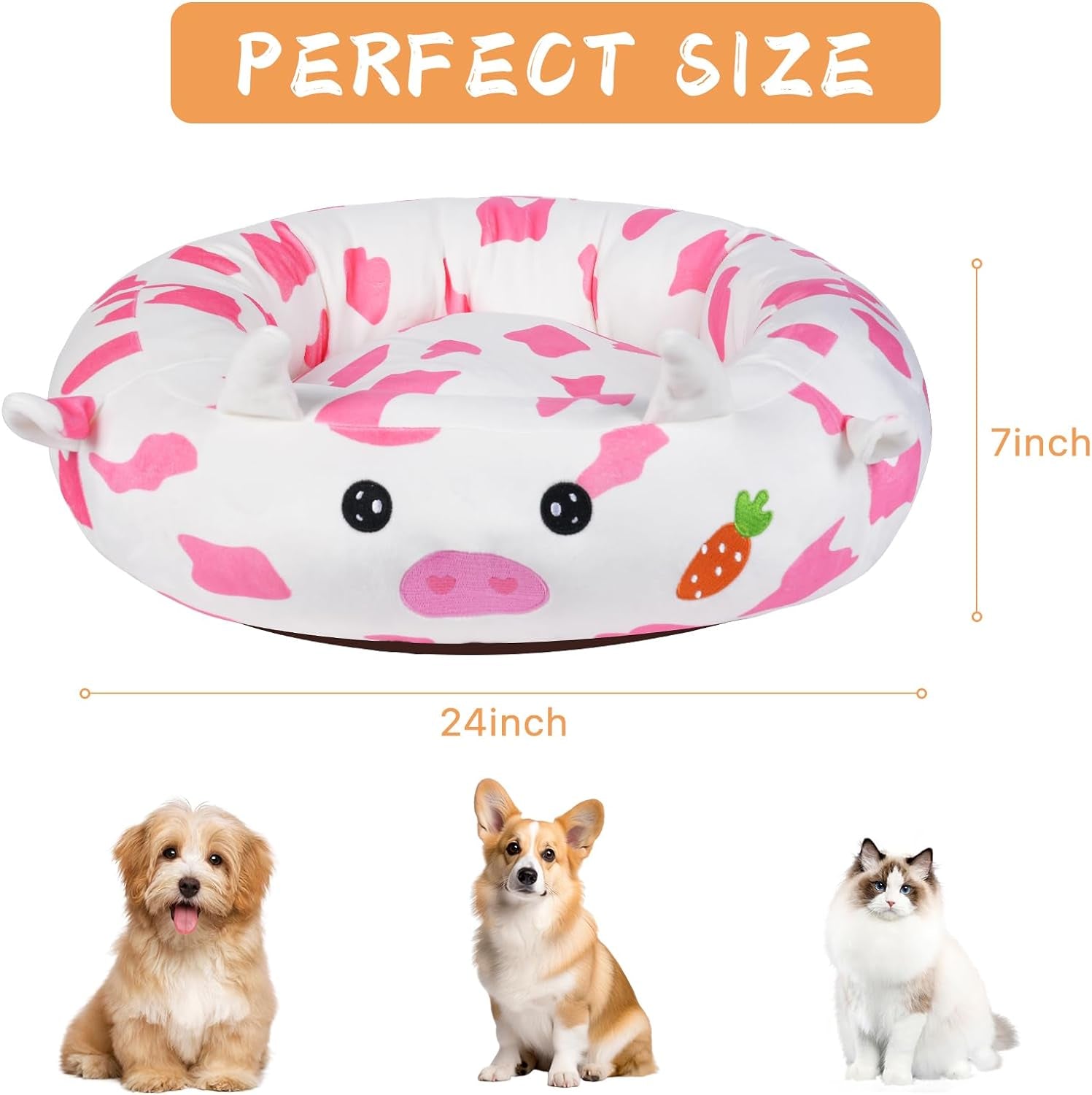 26" Strawberry Cow Pet Bed, Calming Dog & Cat Plush Bed, Fulffy Comfy Padded Cat Mat Plush Pet Bed, Non-Slip Bottom, Soft Washable Sleeping Dog Cot for Medium Small Dogs Cat Puppy Kitty