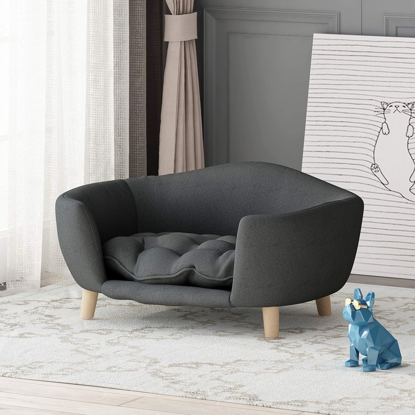 Gdfstudio Mid Century Small Plush Pet Bed, Dark Gray and Natural Finish