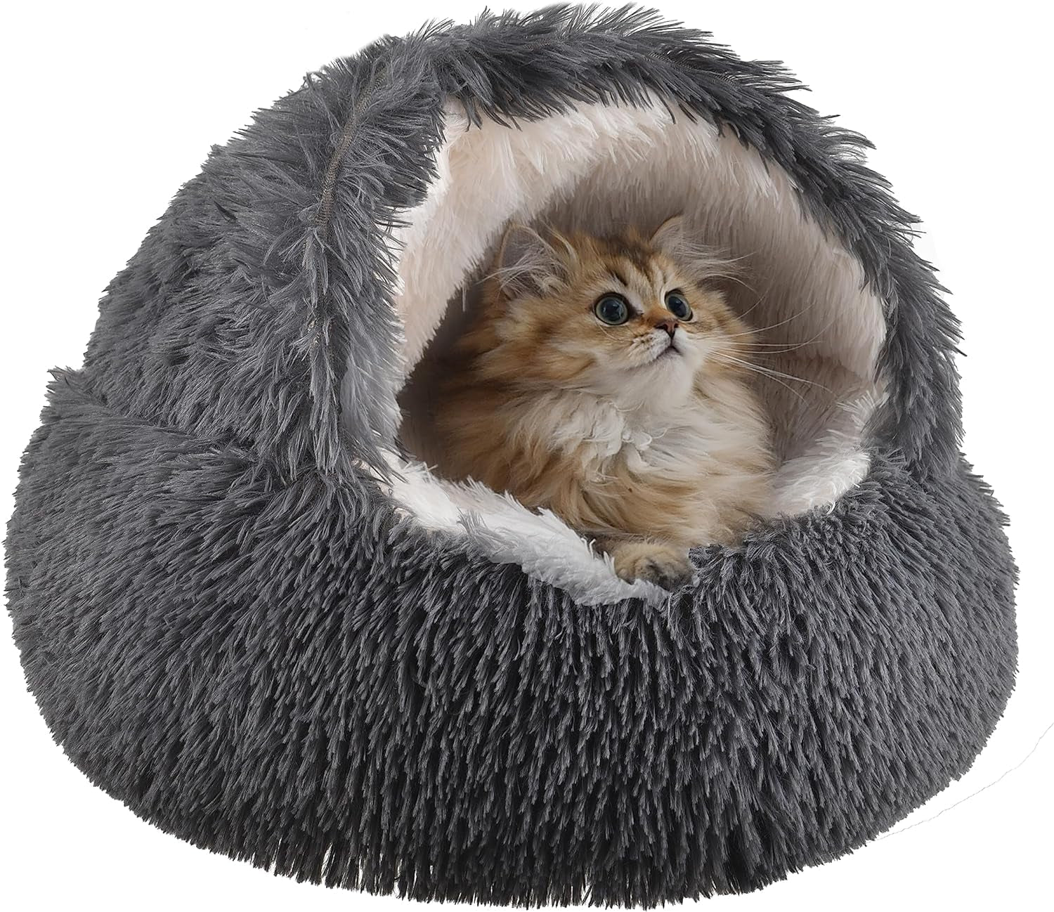 Fluffy Hooded round Cat Bed Cave with Hooded Blanket for Indoor Cats, Dog Beds for Small Dogs, Anti-Anxiety, Cozy Cuddler Luxury Puppy Bed, Anti-Slip Bottom and Machine Washable