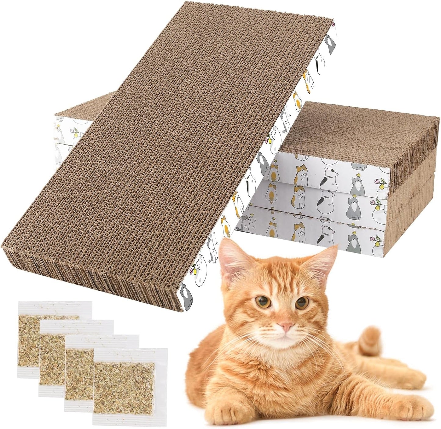 4 Pack Cat Scratch Pad with Box, Cardboard Cat Scratcher for Indoor Cats, Reversible Scratcher with Catnips Box Bed Desigh for Small Medium Cat Kitten, Scratching Board for Cats