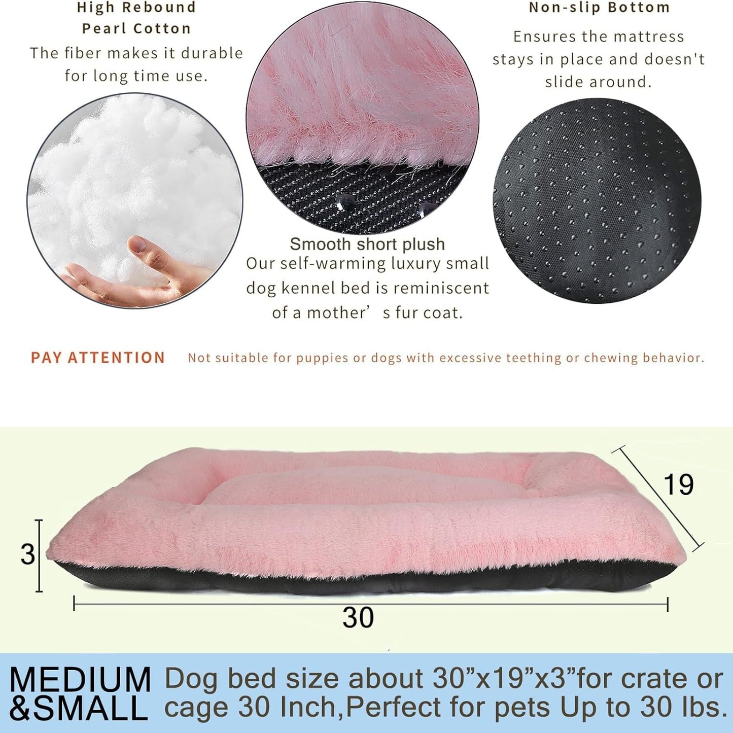 30 Inch Dog Crate Bed Pink Soft Cozy 30X19 Dog Crate Bed Bottom anti Slip,Deluxe Plush Dog Crate Bed Washable,Fluffy Breathable Cute Dog Kennel Beds for Crates Fit Pet up to 30 Lbs