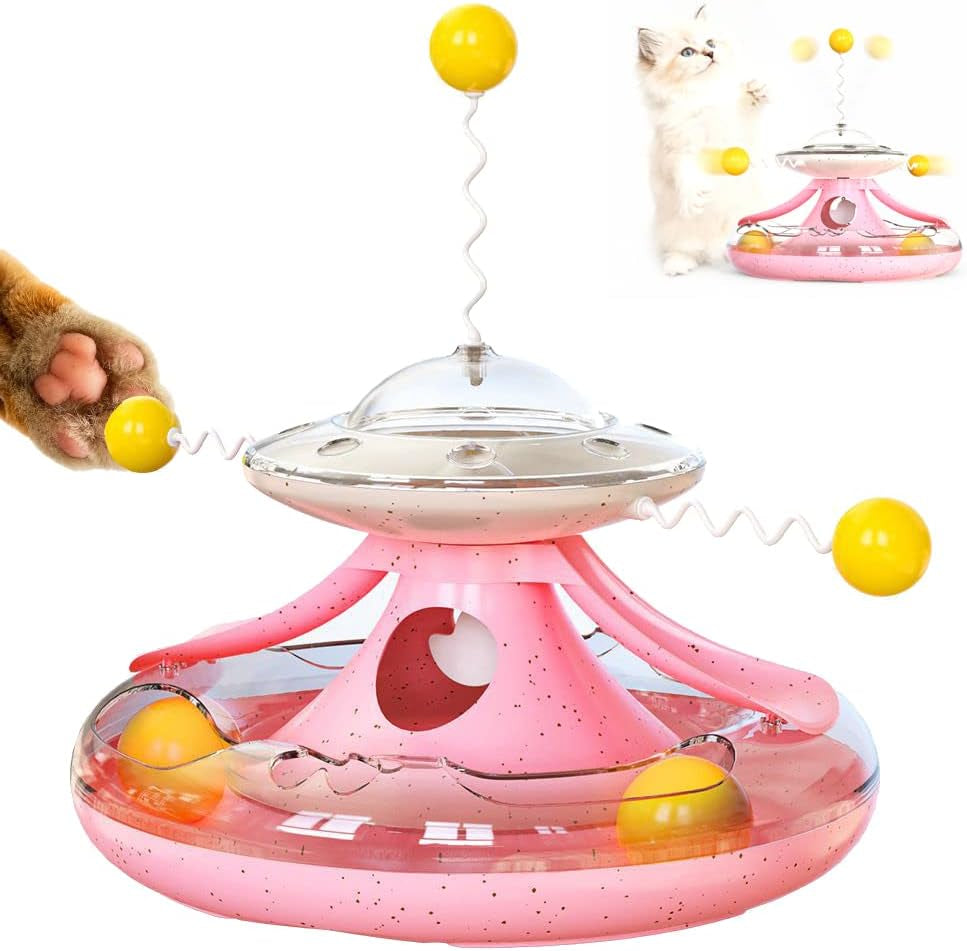 3 in 1 Interactive Cat Toys Balls Cat Fidget Spinner Treat Toys Windmill Cat Food Dispenser Toys Cat Slow Feeder Dry Food Cat Teaser Wand for Indoor Cats