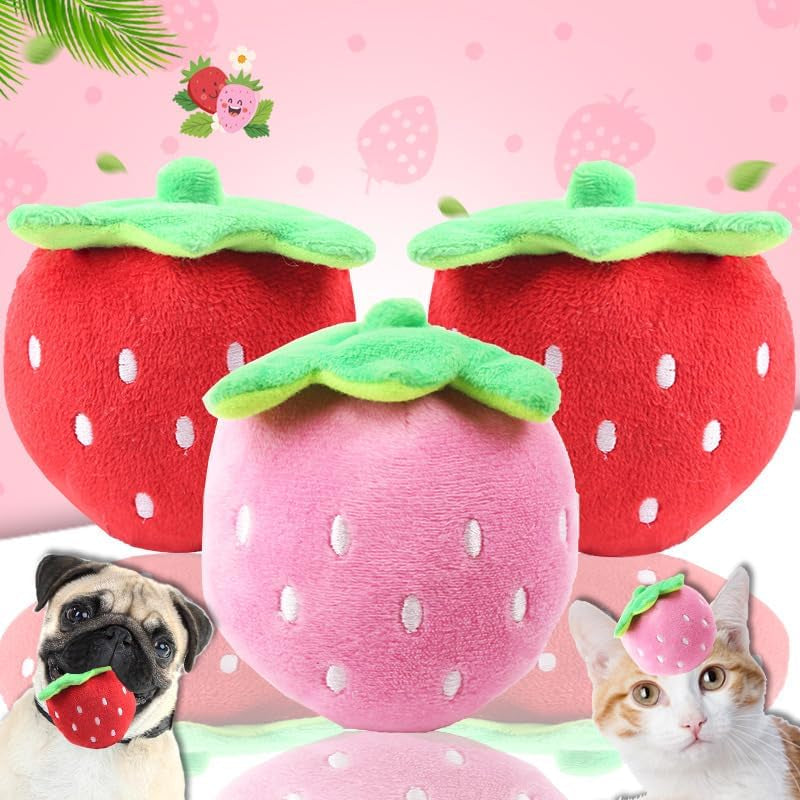 3 PCS Strawberry Style Squeaky Plush Dog Toys - Small Breed Puppy Chew Toys - Chewing Toys for Dogs - Small Dog Plush Toys