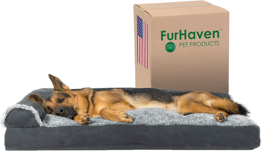 Furhaven Pillow Dog Bed for Large Dogs W/ Removable Bolsters & Washable Cover - Two-Tone Plush Faux Fur & Suede L Shaped Chaise - Stone Gray, Jumbo/Xl