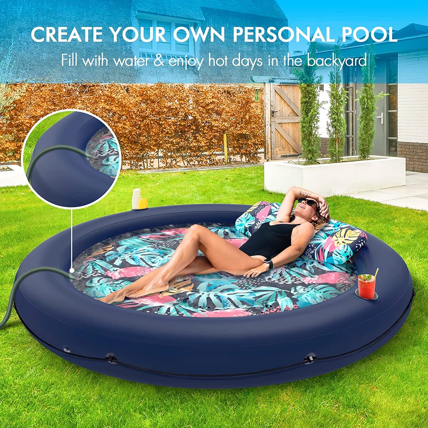 Hawaii Flower Pool Float Lounger, Inflatable Floating Chair with Cupholder Caddy, Heavy Duty Floaties Toys Adult Size for Swimming Pool, Lake, River