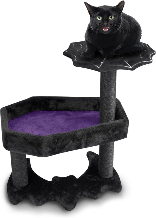 Gothic Cat Tree with Coffin Cat Bed, Gothic Cat Tower, Coffin Cat Tree with Sisal Scratching Posts for Halloween Cat, Small Size, Black with Purple Littlesy