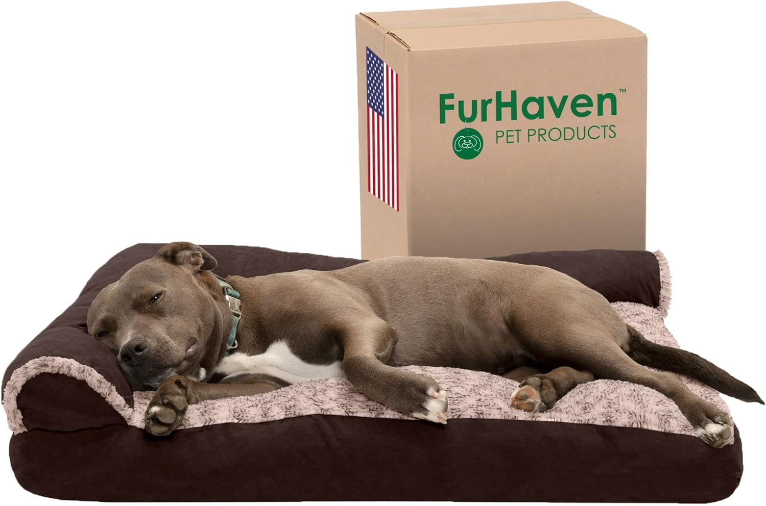 Furhaven Pillow Dog Bed for Large Dogs W/ Removable Bolsters & Washable Cover - Two-Tone Plush Faux Fur & Suede L Shaped Chaise - Stone Gray, Jumbo/Xl