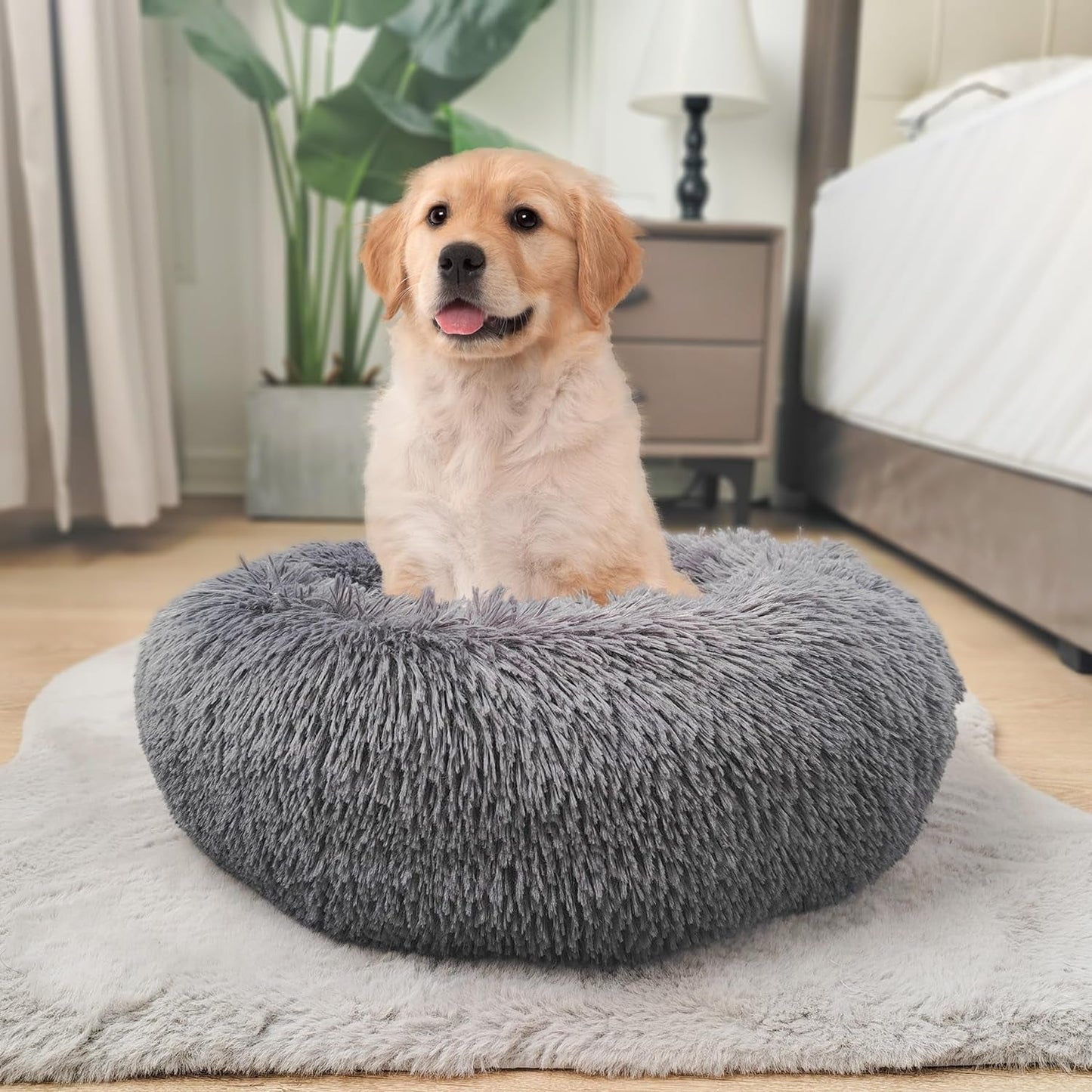 Deluxe Calming Dog Bed for Small Medium Dogs & Cats - Anti-Anxiety Donut Cuddler Cozy Warm Soft Fluffy Faux Fur round Beds Sizes 24" Puppy Bed (Dark Grey, Small)