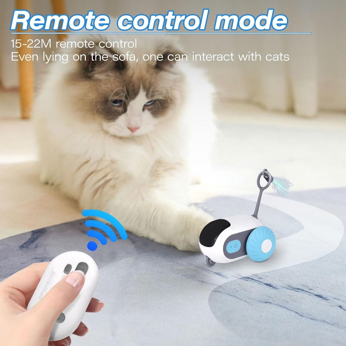 2.0 Remote Control Smart Cat Toy, Interactive Indoor Cat Toy with Feathers, Automatic Moving Cat Toy, USB Rechargeable, Blue