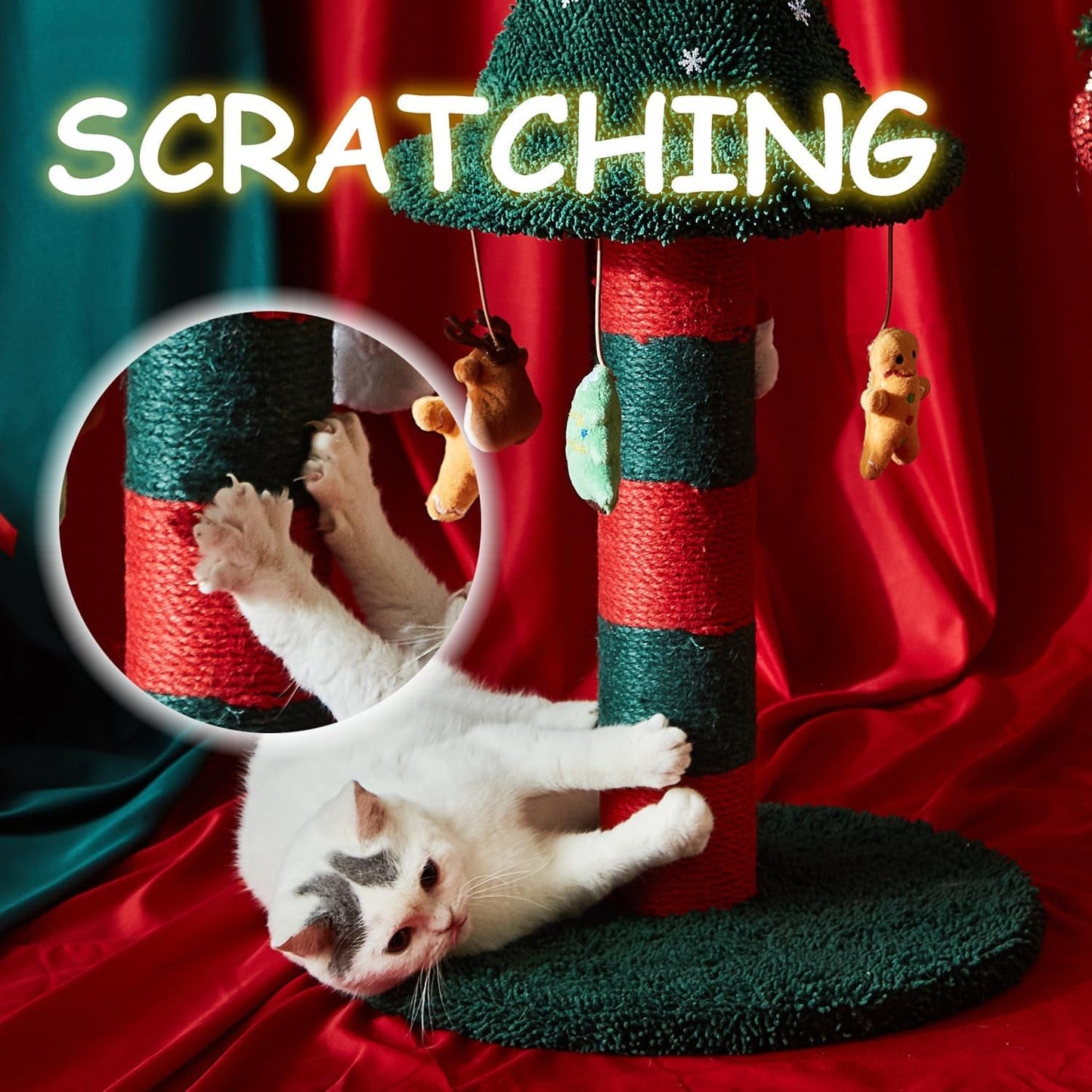 LUCKITTY Cat Scratching Post with 4 Hanging Plush Toy - Christmas Tree Alternative Give Your Cat a Toy and Scratching Post in One with This Ultimate Cat Tree 30 * 15 Inch Red Green