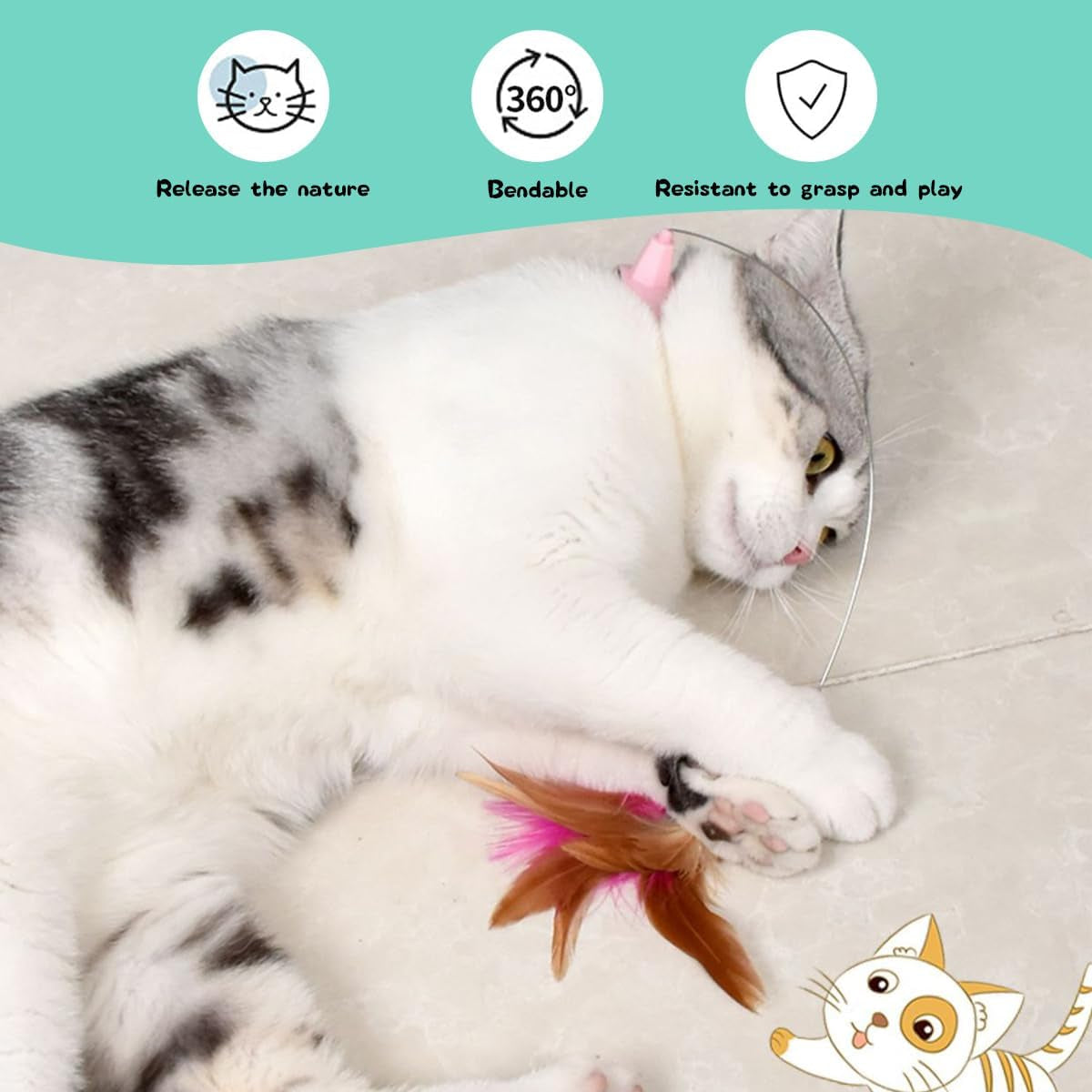 2Pcs Cat Collar Toy, Cat Feather Collar Toys,Cat Teasing Wand Silicone Collar Hands Free Toy with Bell and Feathers for Cats