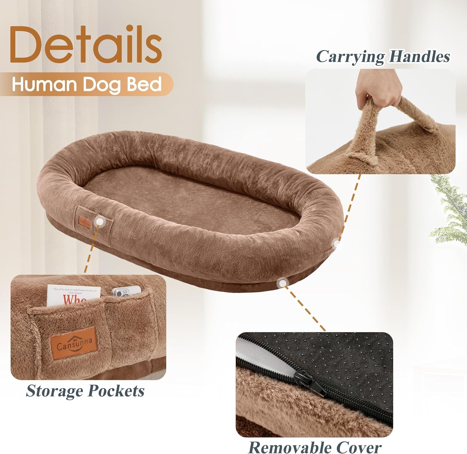 Human Dog Bed Adult Dog Bed Bean Bag Bed for Adults Giant Dog Bed Pet Beds for Large Dogs with Washable Faux Fur Cover Fluffy Dog Beanbeds(Brown)