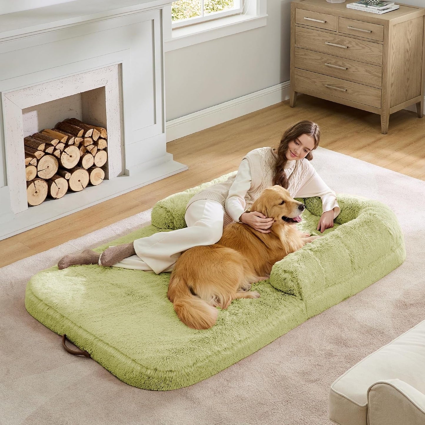 Bedsure Foldable Human Dog Bed for People Adults, 2 in 1 Calming Human Size Giant Dog Bed Fits Pet Families with Egg Foam Supportive Mat and Waterproof Liner, Faux Fur Orthopedic Dog Sofa, Camel