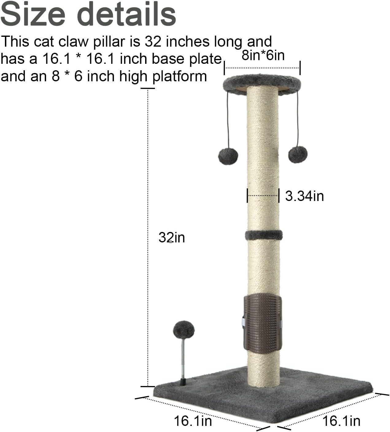 32" Tall Cat Scratching Post Sisal Scratch Posts with Hanging Ball and Self-Massage Brush Vertical Scratcher for Indoor Cats and Kittens(Gray 32Inches)